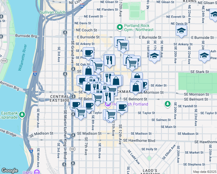 map of restaurants, bars, coffee shops, grocery stores, and more near 1025 Southeast Morrison Street in Portland