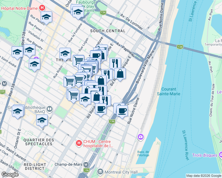 map of restaurants, bars, coffee shops, grocery stores, and more near 1220 René-Lévesque Boulevard West in Montreal