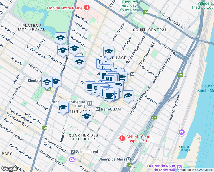 map of restaurants, bars, coffee shops, grocery stores, and more near 859 Boulevard de Maisonneuve Est in Montréal