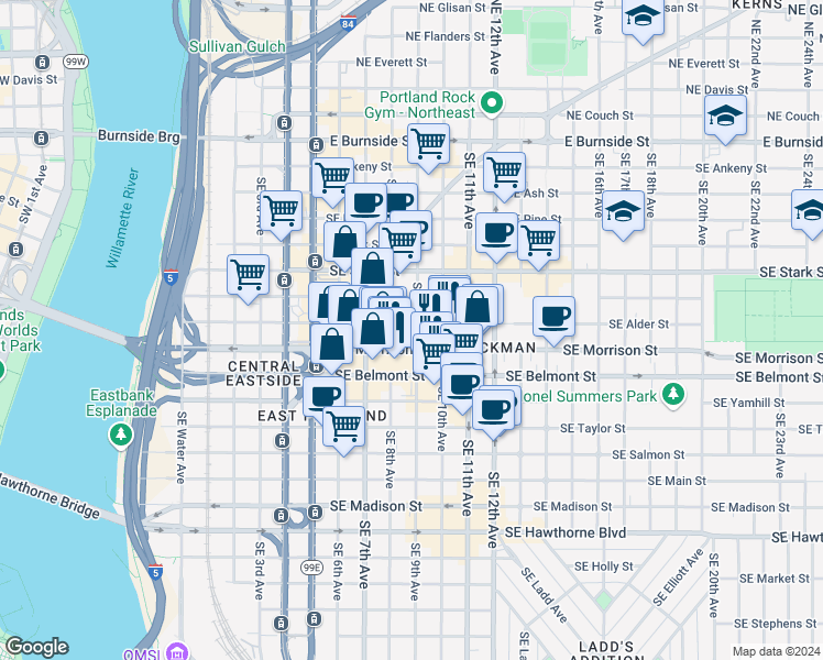 map of restaurants, bars, coffee shops, grocery stores, and more near 715 Southeast 9th Avenue in Portland