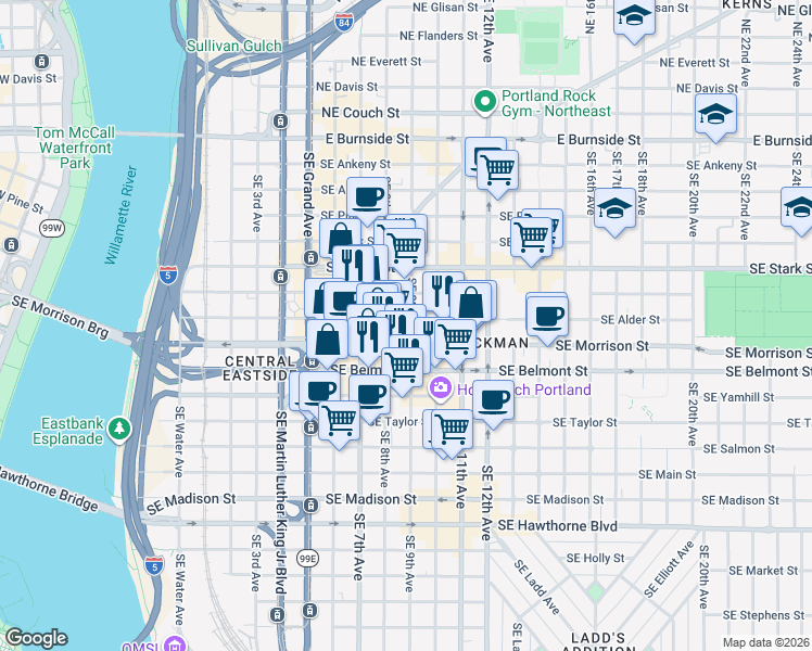 map of restaurants, bars, coffee shops, grocery stores, and more near 715 Southeast 9th Avenue in Portland