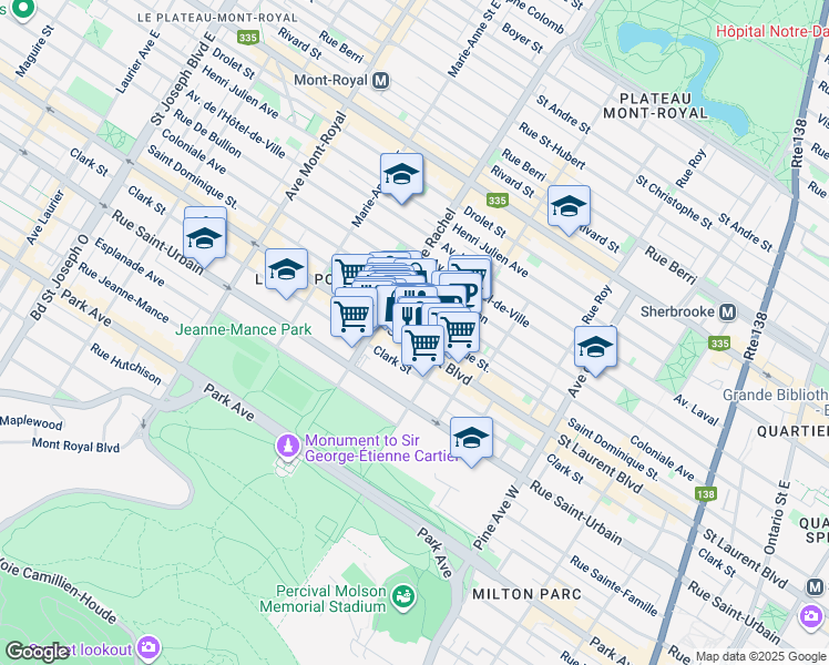 map of restaurants, bars, coffee shops, grocery stores, and more near in Montréal