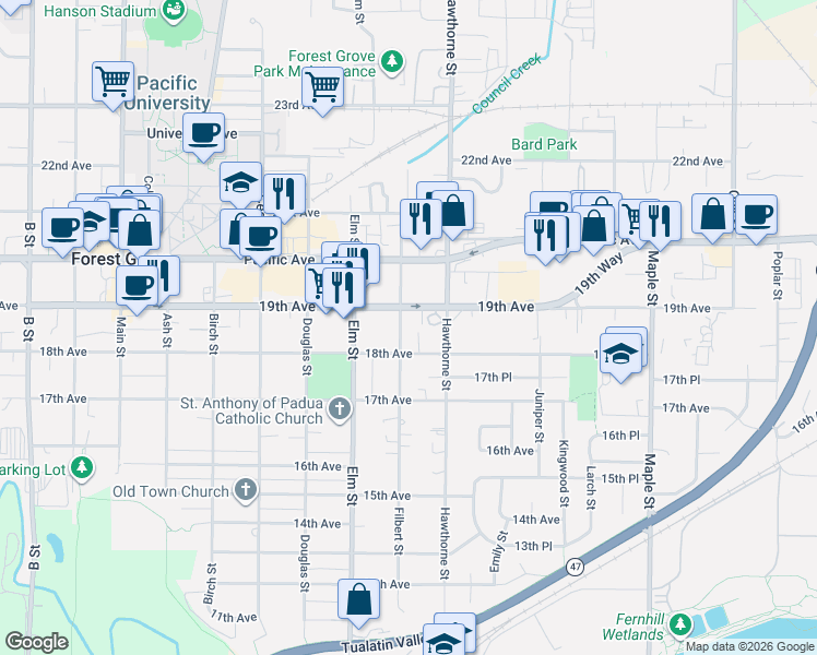 map of restaurants, bars, coffee shops, grocery stores, and more near 1823 Filbert Street in Forest Grove