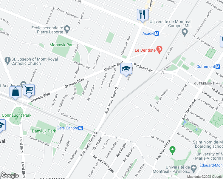 map of restaurants, bars, coffee shops, grocery stores, and more near 179 Avenue Dresden in Mont-Royal