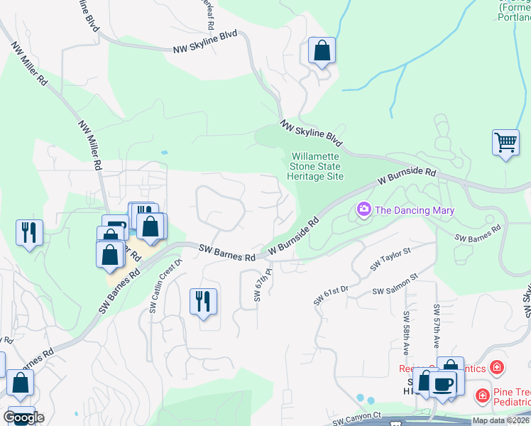 map of restaurants, bars, coffee shops, grocery stores, and more near West Burnside Road in Portland