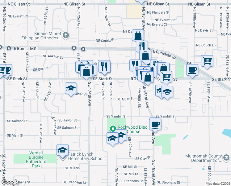 map of restaurants, bars, coffee shops, grocery stores, and more near 17706 Southeast Washington Street in Portland