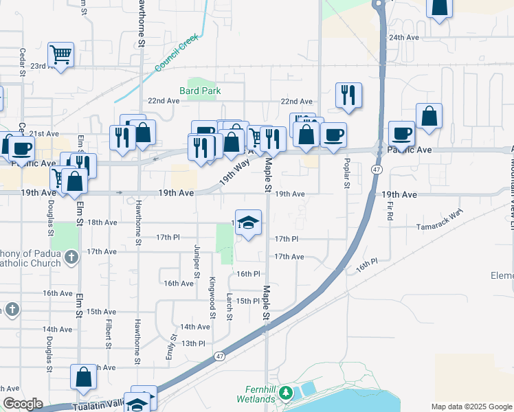 map of restaurants, bars, coffee shops, grocery stores, and more near 3110 19th Avenue in Forest Grove