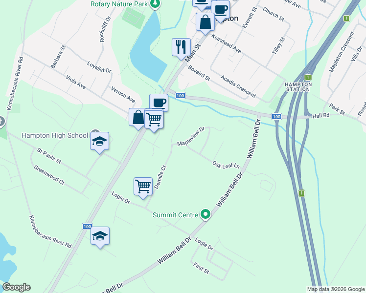 map of restaurants, bars, coffee shops, grocery stores, and more near 10 Mapleview Drive in Hampton
