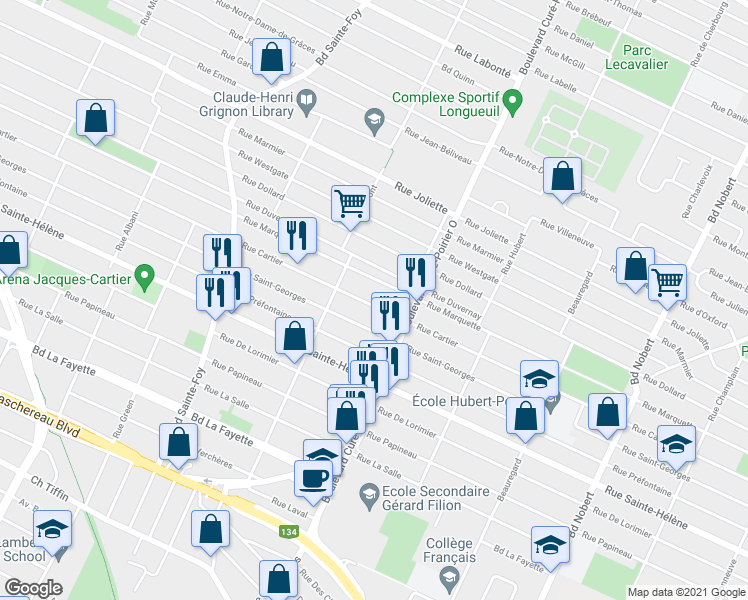 map of restaurants, bars, coffee shops, grocery stores, and more near 1813 Rue Cartier in Longueuil