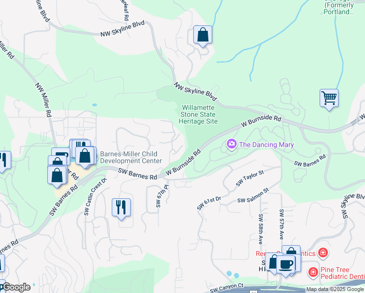 map of restaurants, bars, coffee shops, grocery stores, and more near 6625 West Burnside Road in Portland