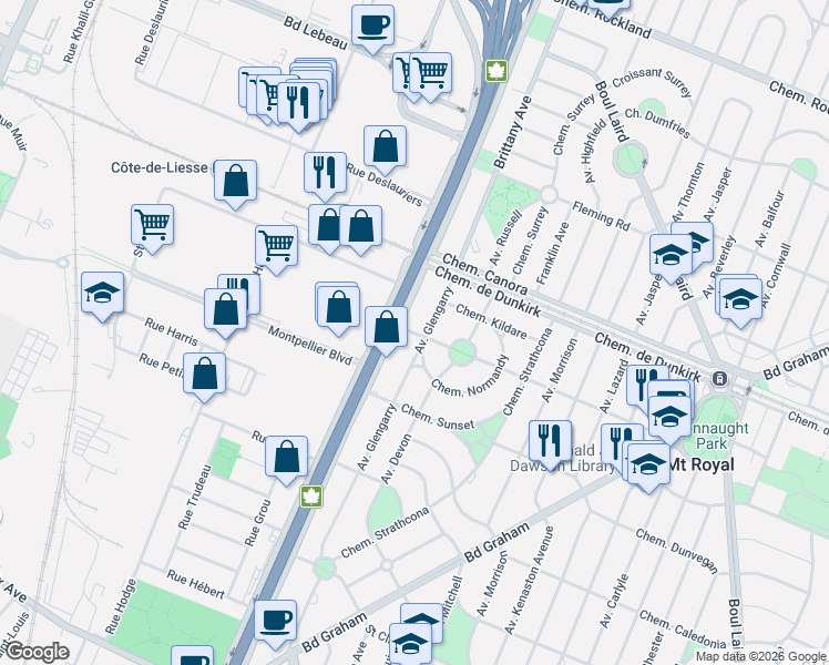 map of restaurants, bars, coffee shops, grocery stores, and more near 2449 Chemin Athlone in Mont-Royal