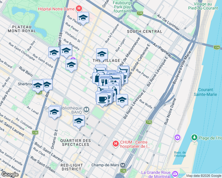 map of restaurants, bars, coffee shops, grocery stores, and more near 1458 Rue Atateken in Montréal