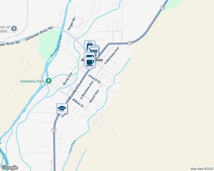 map of restaurants, bars, coffee shops, grocery stores, and more near Church Street in Absarokee