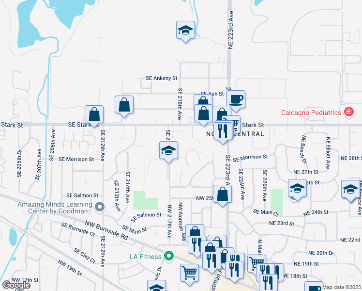 map of restaurants, bars, coffee shops, grocery stores, and more near 21805 Southeast Alder Drive in Gresham