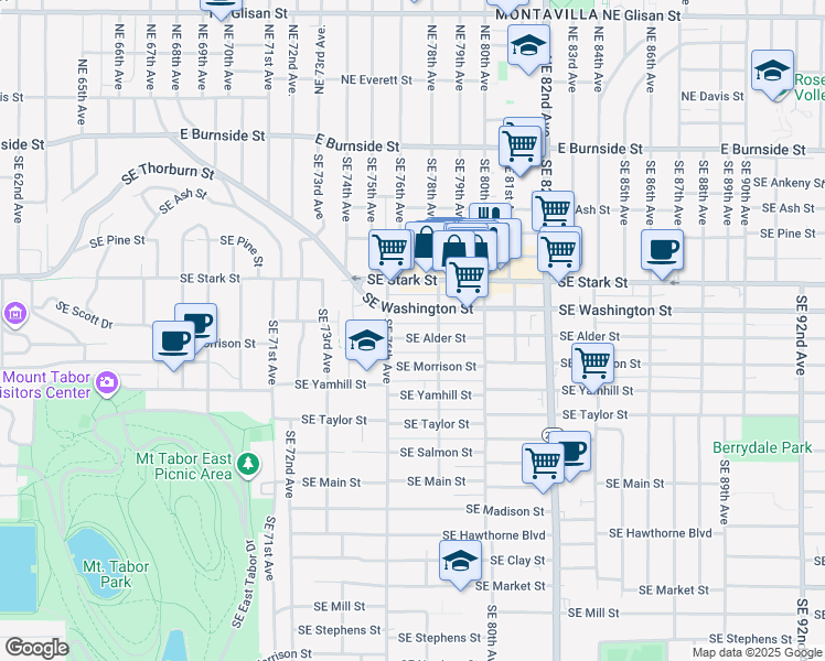 map of restaurants, bars, coffee shops, grocery stores, and more near 7634 Southeast Alder Street in Portland