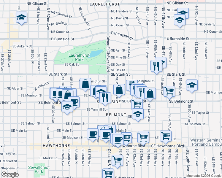 map of restaurants, bars, coffee shops, grocery stores, and more near 723 Southeast Peacock Lane in Portland