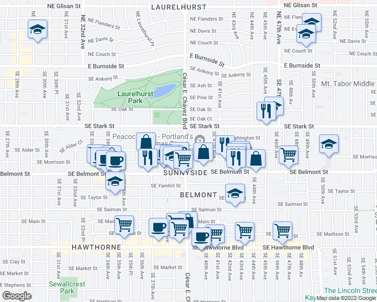 map of restaurants, bars, coffee shops, grocery stores, and more near 723 Southeast Peacock Lane in Portland