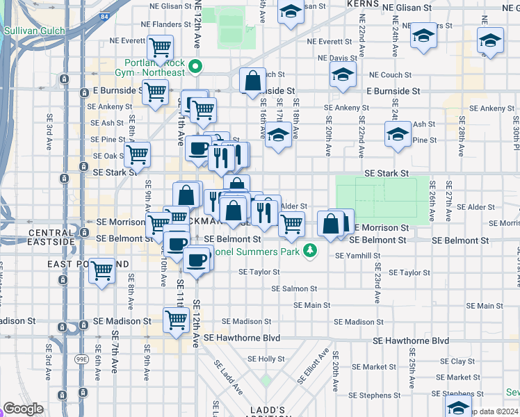 map of restaurants, bars, coffee shops, grocery stores, and more near 1414 Southeast Morrison Street in Portland