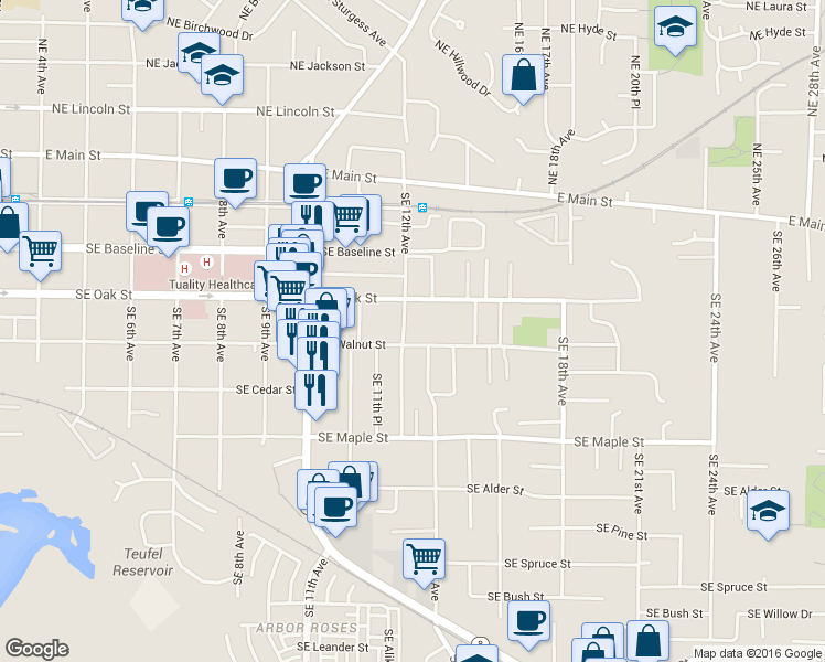 map of restaurants, bars, coffee shops, grocery stores, and more near 1224 Southeast Walnut Street in Hillsboro