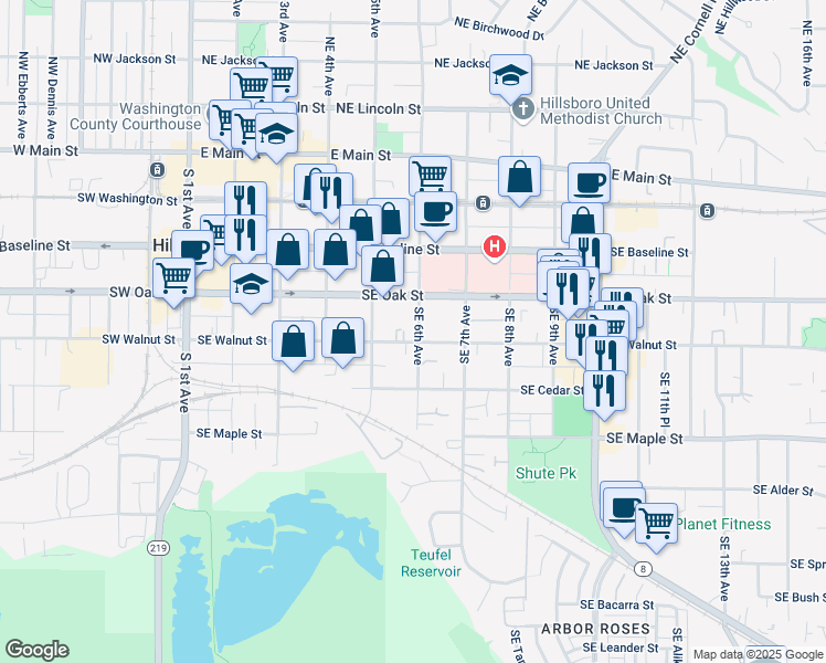 map of restaurants, bars, coffee shops, grocery stores, and more near 615 Southeast Walnut Street in Hillsboro