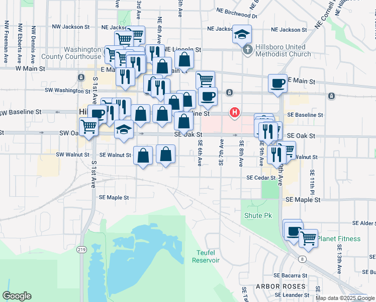 map of restaurants, bars, coffee shops, grocery stores, and more near 526 Southeast Walnut Street in Hillsboro