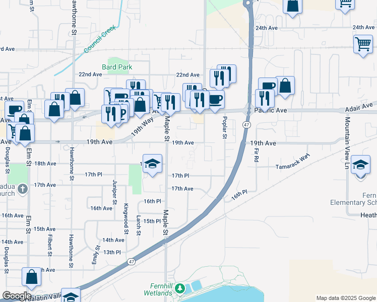map of restaurants, bars, coffee shops, grocery stores, and more near 1809 Maple Street in Forest Grove