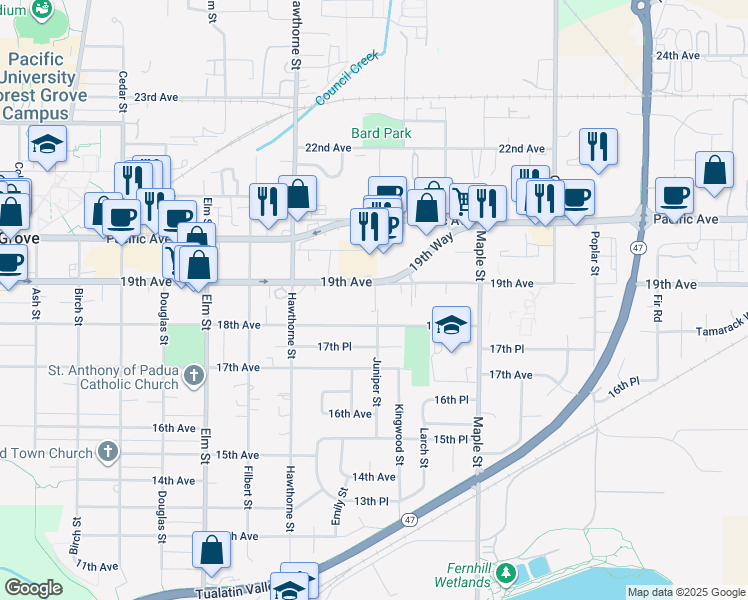 map of restaurants, bars, coffee shops, grocery stores, and more near 2837 18th Avenue in Forest Grove