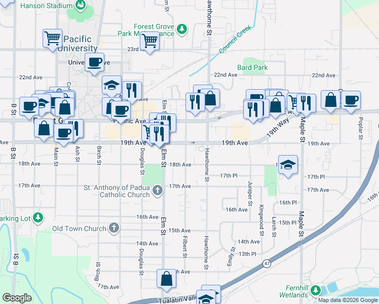 map of restaurants, bars, coffee shops, grocery stores, and more near 2617 18th Avenue in Forest Grove