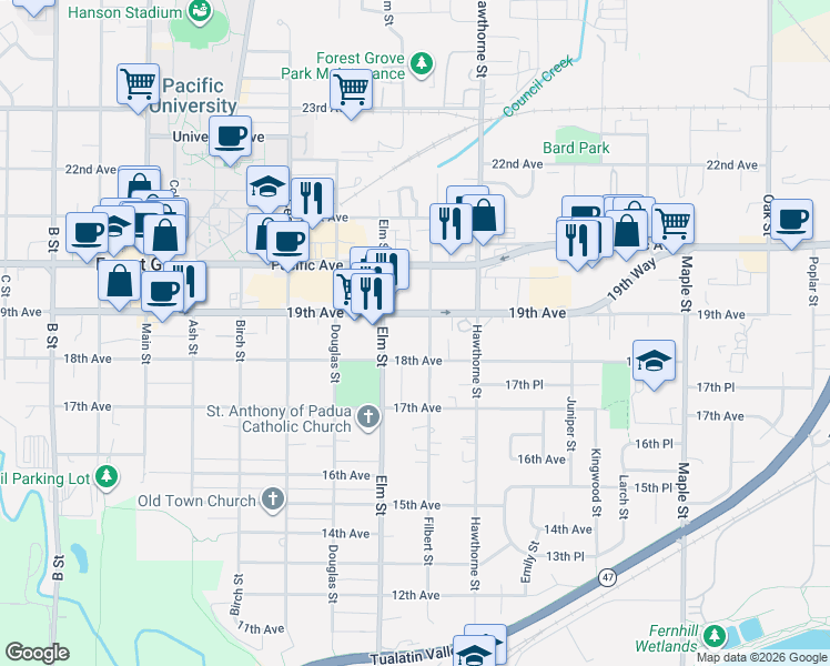 map of restaurants, bars, coffee shops, grocery stores, and more near 2521 18th Avenue in Forest Grove