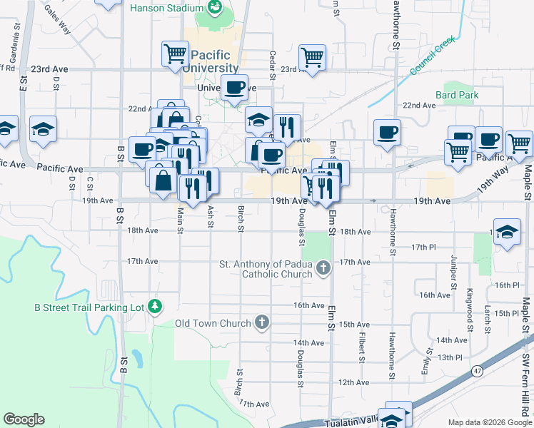 map of restaurants, bars, coffee shops, grocery stores, and more near 1817 Cedar Street in Forest Grove