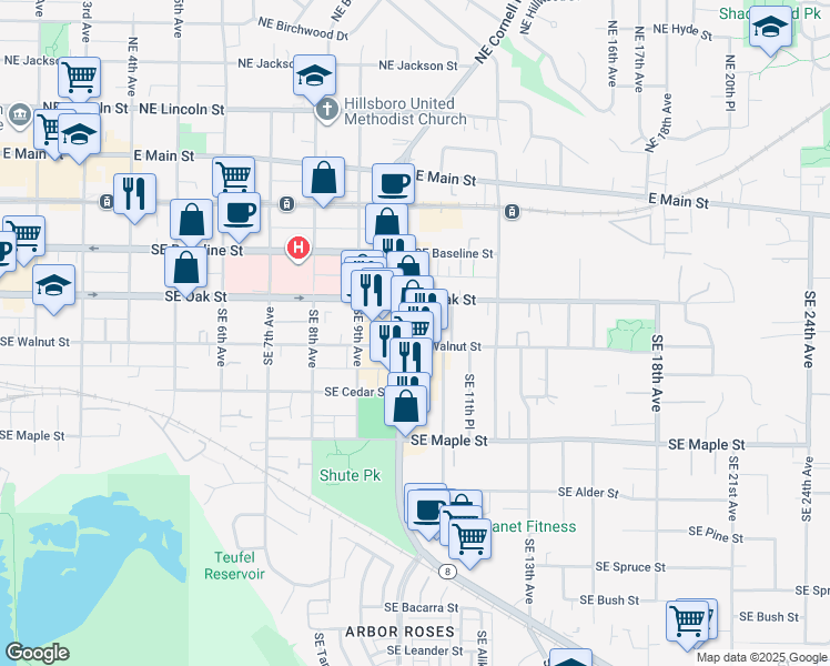 map of restaurants, bars, coffee shops, grocery stores, and more near 1049 Southeast Walnut Street in Hillsboro
