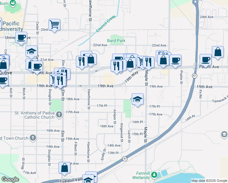 map of restaurants, bars, coffee shops, grocery stores, and more near 2837 18th Avenue in Forest Grove