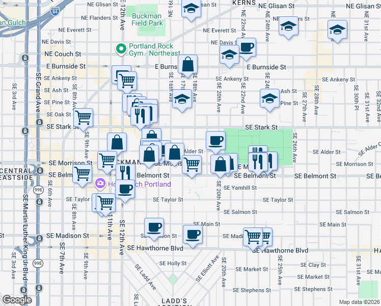 map of restaurants, bars, coffee shops, grocery stores, and more near 1732 Southeast Alder Street in Portland