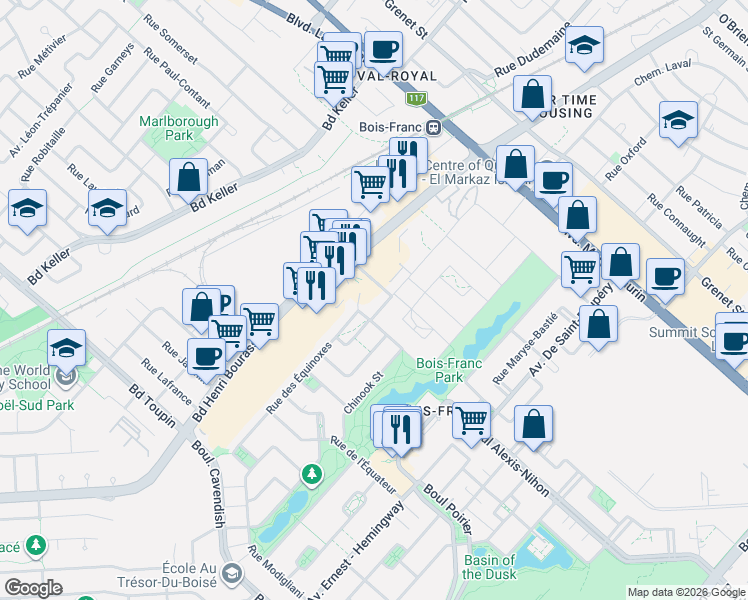 map of restaurants, bars, coffee shops, grocery stores, and more near 2300 Rue Wilfrid-Reid in Montrã©Al