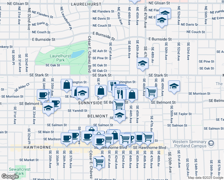 map of restaurants, bars, coffee shops, grocery stores, and more near 711 Southeast 42nd Avenue in Portland