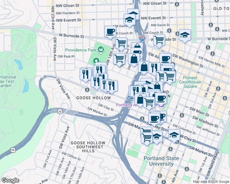 map of restaurants, bars, coffee shops, grocery stores, and more near 1501 Southwest Jefferson Street in Portland