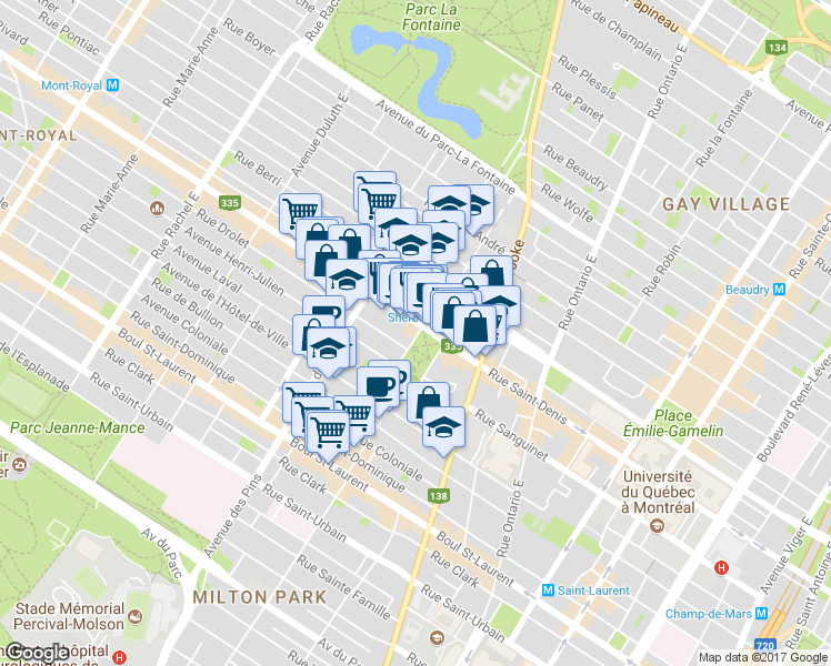 map of restaurants, bars, coffee shops, grocery stores, and more near 3620 Rue Saint-Denis in Montréal