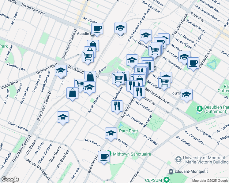 map of restaurants, bars, coffee shops, grocery stores, and more near 900 Avenue Rockland in Montréal