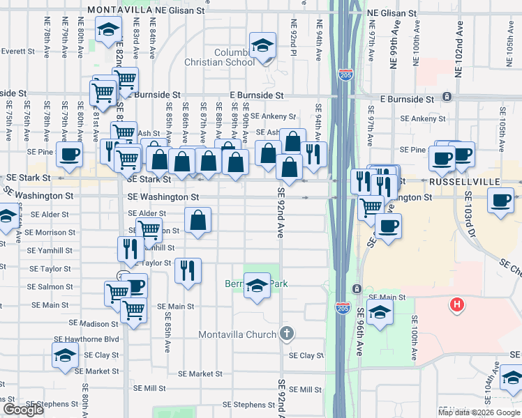 map of restaurants, bars, coffee shops, grocery stores, and more near 9045 Southeast Alder Street in Portland