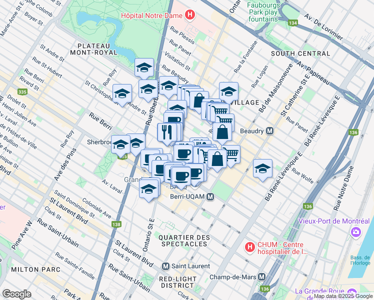 map of restaurants, bars, coffee shops, grocery stores, and more near 1770 Rue Saint-Christophe in Montréal