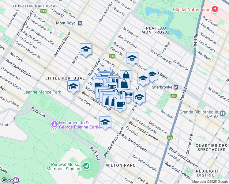 map of restaurants, bars, coffee shops, grocery stores, and more near 3955 Rue de Bullion in Montréal