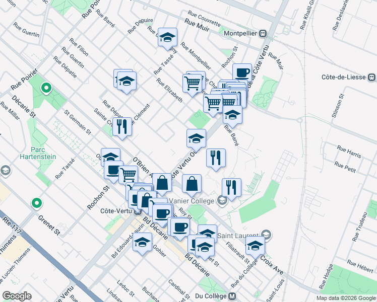 map of restaurants, bars, coffee shops, grocery stores, and more near 1115 Boulevard de la Côte-Vertu in Montreal