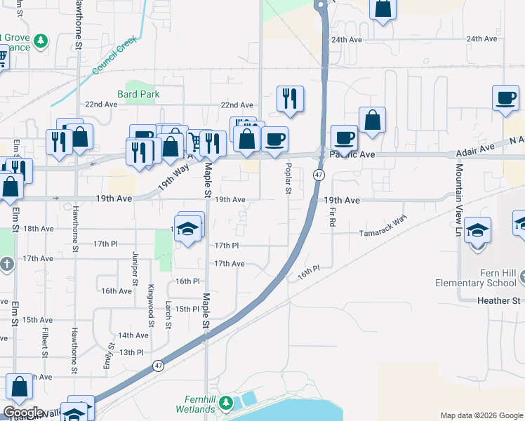 map of restaurants, bars, coffee shops, grocery stores, and more near 3404 19th Avenue in Forest Grove
