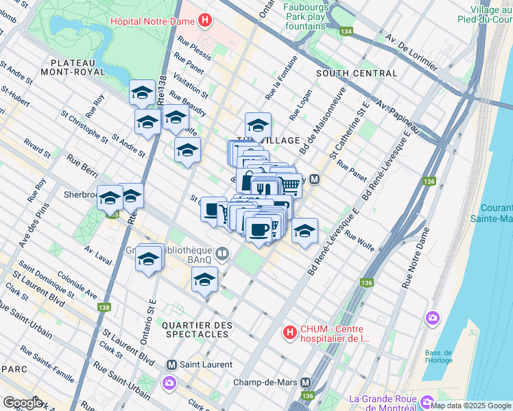 map of restaurants, bars, coffee shops, grocery stores, and more near 715 Boulevard René-Lévesque Ouest in Montréal