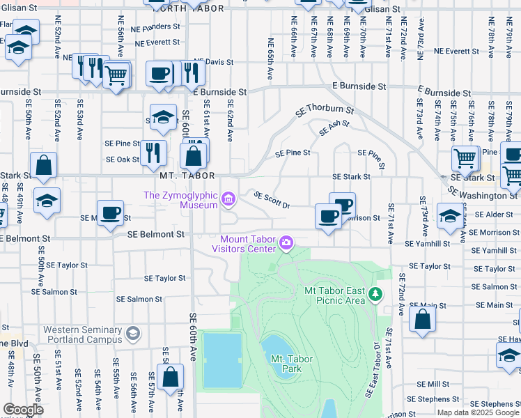 map of restaurants, bars, coffee shops, grocery stores, and more near 6407 Southeast Morrison Street in Portland
