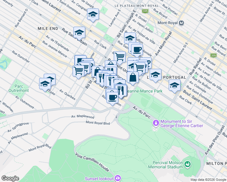 map of restaurants, bars, coffee shops, grocery stores, and more near 4625 Avenue du Parc in Montréal