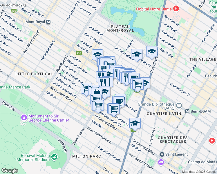 map of restaurants, bars, coffee shops, grocery stores, and more near Avenue des Pins Est in Montréal