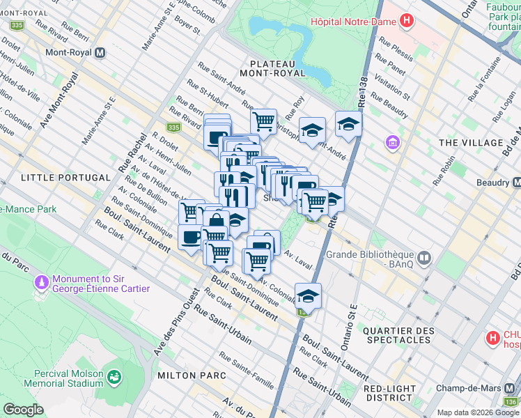map of restaurants, bars, coffee shops, grocery stores, and more near 3696 Rue Drolet in Montréal