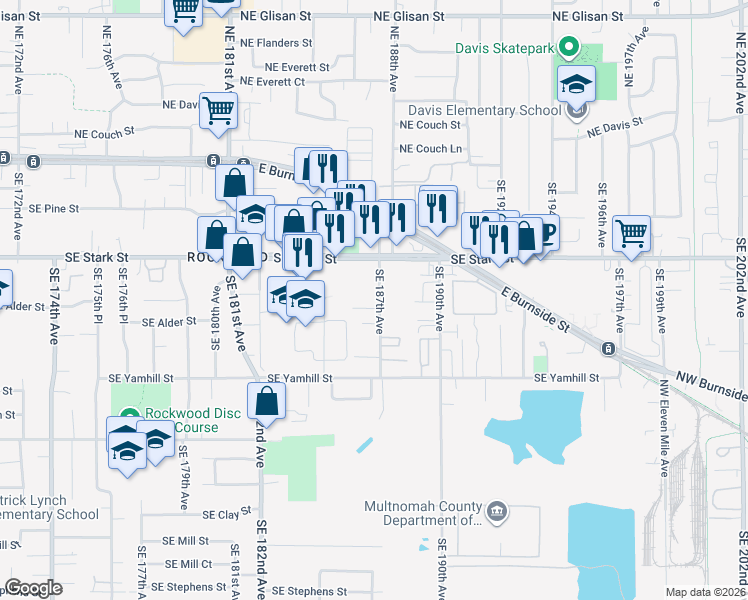 map of restaurants, bars, coffee shops, grocery stores, and more near 615 Southeast 187th Avenue in Portland