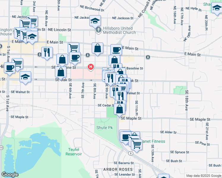 map of restaurants, bars, coffee shops, grocery stores, and more near 966 Southeast Oak Street in Hillsboro